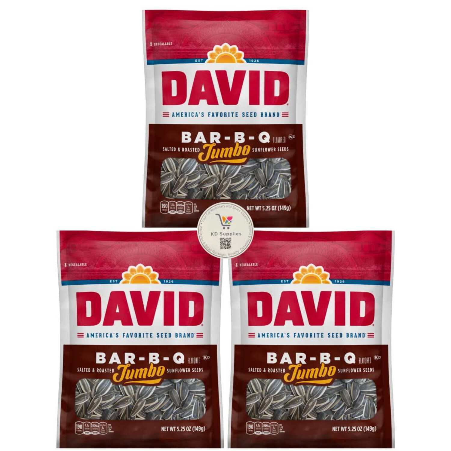 David's Salted  Roasted Sunflower Seeds, (Pack of 3) 5.25 oz Bags (Barbeque)