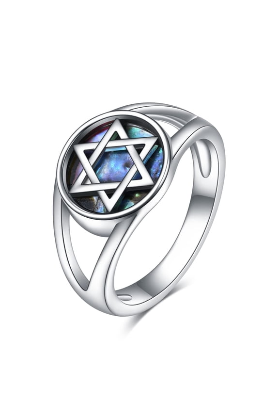 David's Star Band Ring 925 Sterling Silver Star of David Ring in Abalone Shell US7