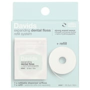 Davids Expanding Dental Floss + Refill w/Hydroxyapatite, No Break Woven Strands, Waxed, Vegan, Cocoa Butter & Mint, Kid Friendly, Refillable Dispenser, 66 yd