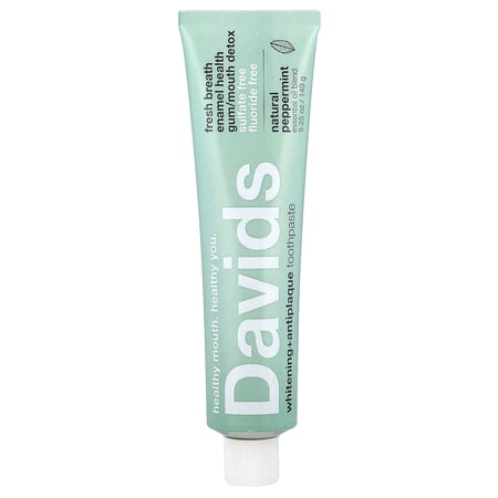 Davids Natural Toothpaste for Teeth Whitening, Peppermint, Antiplaque, Fluoride Free, SLS Free, EWG Verified, Toothpaste Squeezer Included, Recyclable Metal Tube, 5.25oz