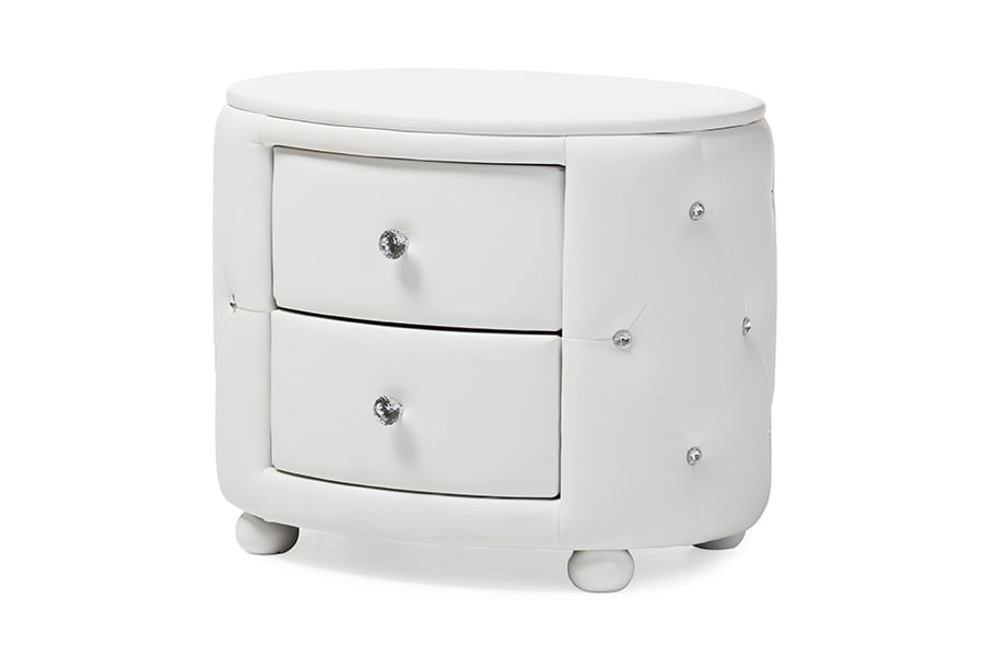 Baxton Studio Davina Hollywood Glamour Style Oval 2-drawer White Faux Leather Upholstered Nightstand Baxton Studio Davina Hollywood Glamour Style Oval 2-drawer White Faux Leather Upholstered Nightstand
