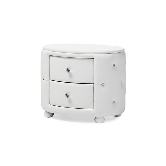 Davina Hollywood Glamour Style Oval 2-drawer White Faux Leather Nightstand