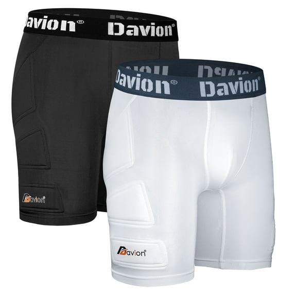 Davion Boys Youth Sliding Shorts with Cup 2-Pack Padded Compression Baseball Softball Athletic Cup Shorts with Cup Pocket Black&White XL