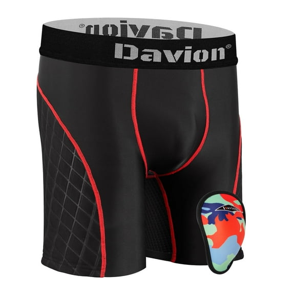 Youth Boys Padded Sliding Shorts with Athletic Cup Pocket, Baseball Cup Underwear Compression Shorts for Sports (Black red XS)
