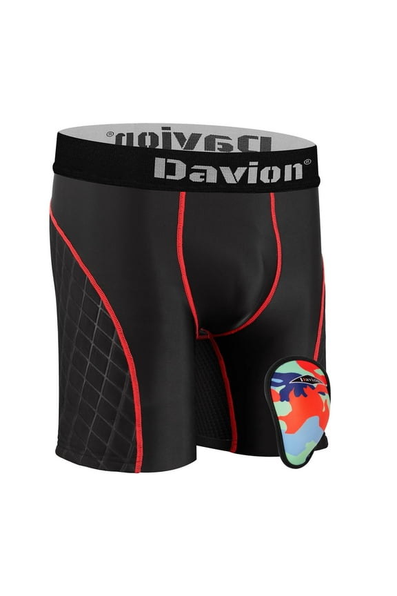 Youth Boys Padded Sliding Shorts with Athletic Cup Pocket, Baseball Cup Underwear Compression Shorts for Sports (Black red XS)