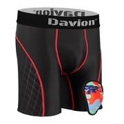 Davion Youth Boys Compression Sliding Shorts with Cup Pocket Black Red XS, Padded Baseball Underwear for Contact Sports, Fits Standard Athletic Cups
