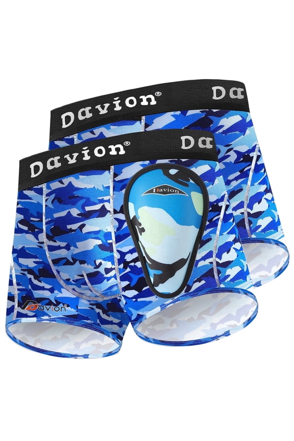 2-Pack Youth Boys Compression Shorts with Soft Protective Athletic Cup, Baseball Cup Underwear for Baseball Football Lacrosse, Blue Ocean Camo XL