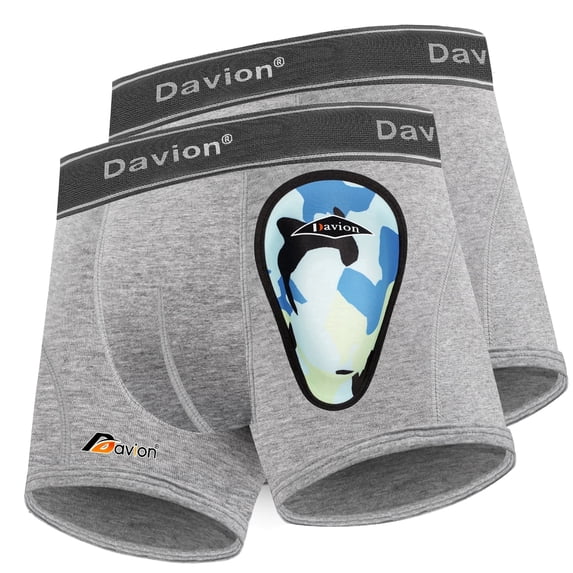 Davion 2-Pack Youth Boys Compression Shorts with Soft Protective Athletic Cup, Baseball Cup Underwear for Baseball Football Lacrosse, Light Grey XS
