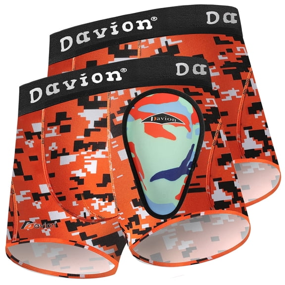 Davion Youth Boys Baseball Cup Underwear with Soft Protective Athletic Cup Compression Shorts for Baseball,Football, Lacrosse(Orange Camouflage-XL)