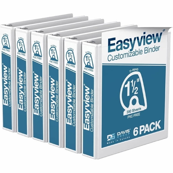 Davis Group Easyview Premium, Angle D Ring, Customizable, View Binder, 6 Pack (White, 1.5")