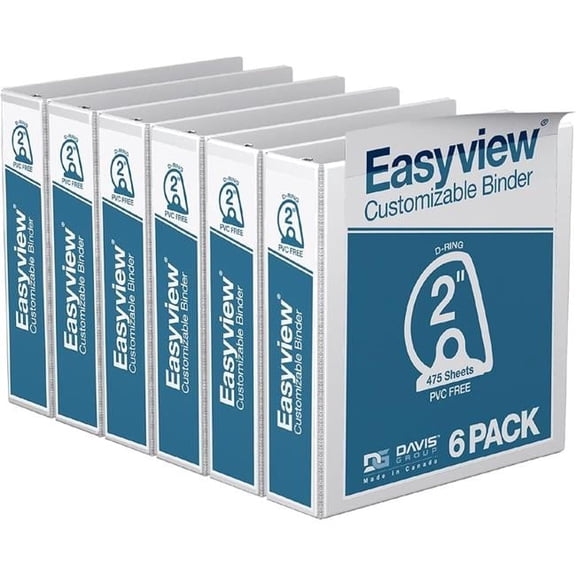 Davis Group Easyview Premium, Angle D Ring, Customizable, View Binder, 6 Pack (White, 2")