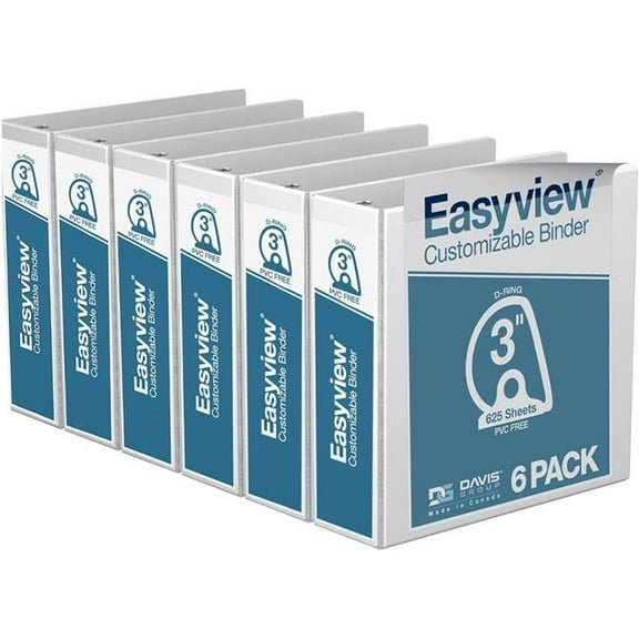Davis Group Easyview Premium, Angle D Ring, Customizable, View Binder, 6 Pack (White, 3")