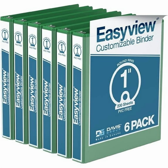 Davis Group Easyview Premium, Round Ring, Customizable, View Binder, 6 Pack (Green, 1")