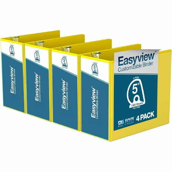 Davis Group Easyview Premium, Angle D Ring, Customizable, View Binder, 4 Pack (Yellow, 5")