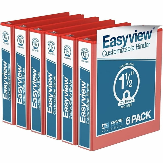 Davis Group Easyview Premium, Round Ring, Customizable, View Binder, 6 Pack (Red, 1.5")