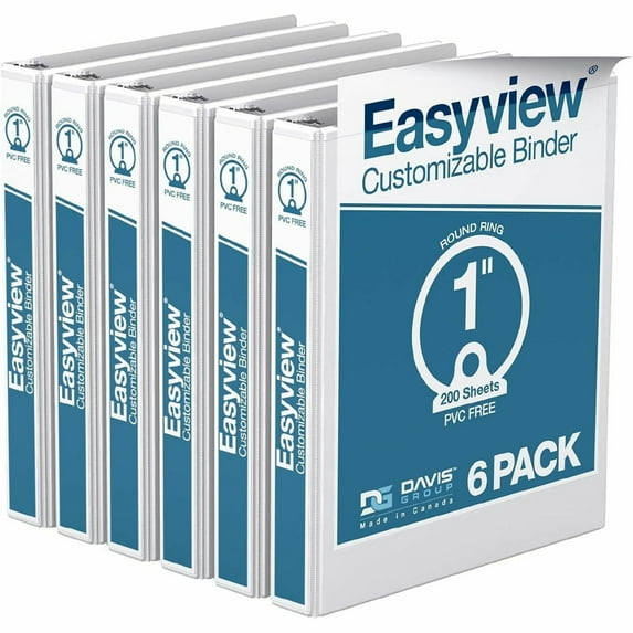 Davis Group Easyview Premium, Round Ring, Customizable, View Binder, 6 Pack (White, 1")