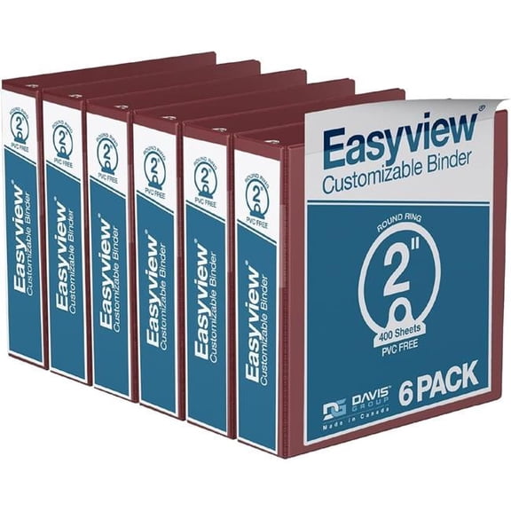 Davis Group Easyview Premium, Round Ring, Customizable, View Binder, 6 Pack (Burgundy, 2")