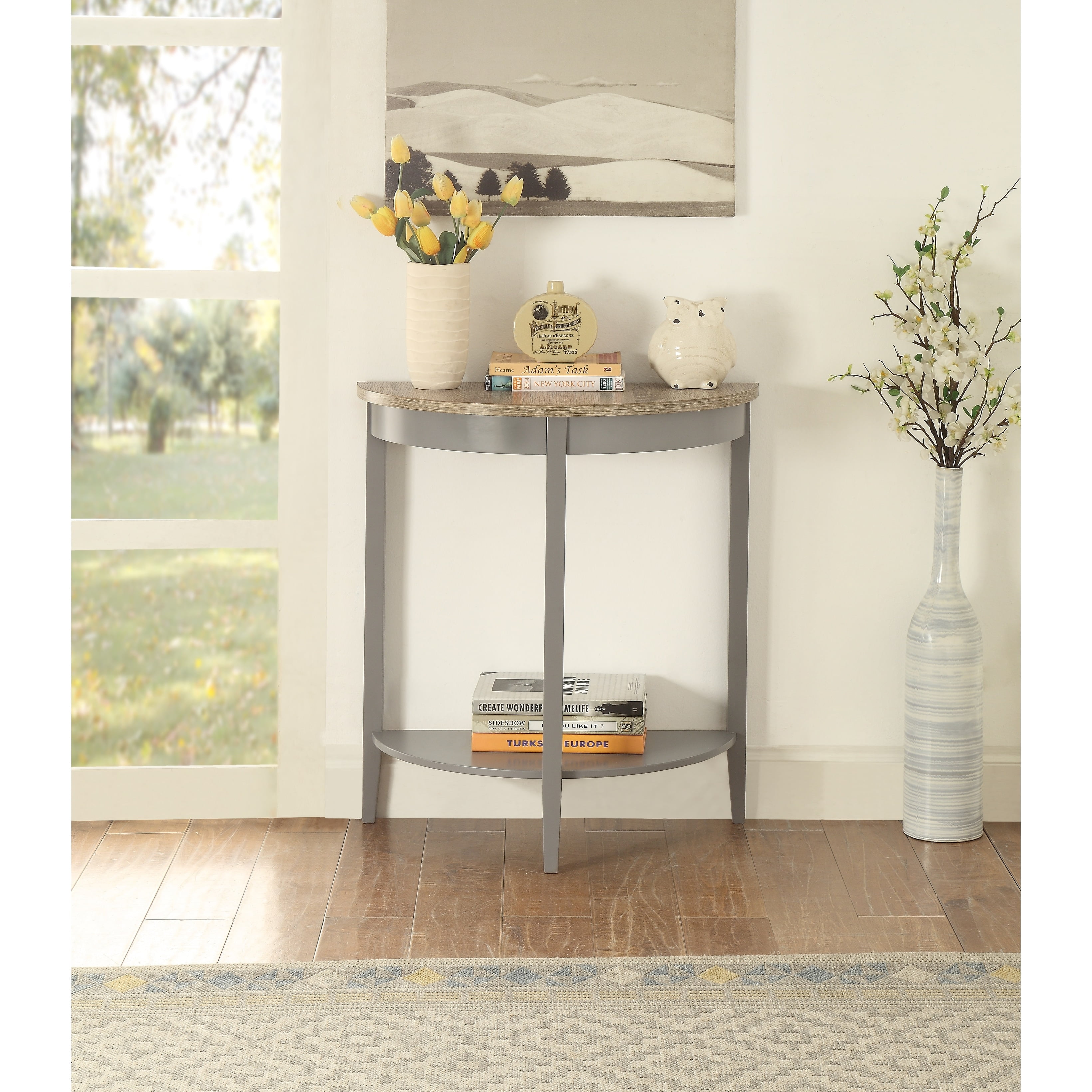 Davis Grey Oak and Pine Half Moon Console Table with Bottom Shelf