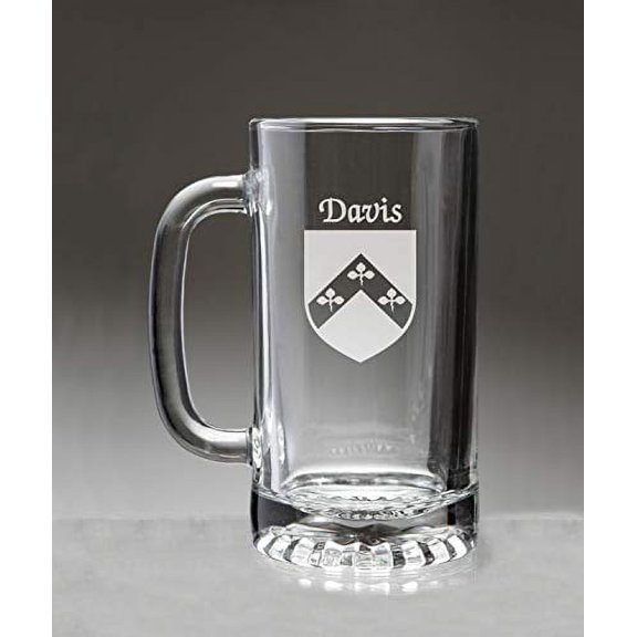 Davis Irish Coat of Arms Glass Beer Mug (Sand Etched)