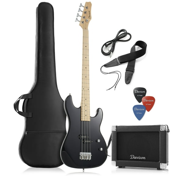 Davison 4-String Electric Bass Guitar with P-Style Pickups and 15-Watt Amplifier, Black
