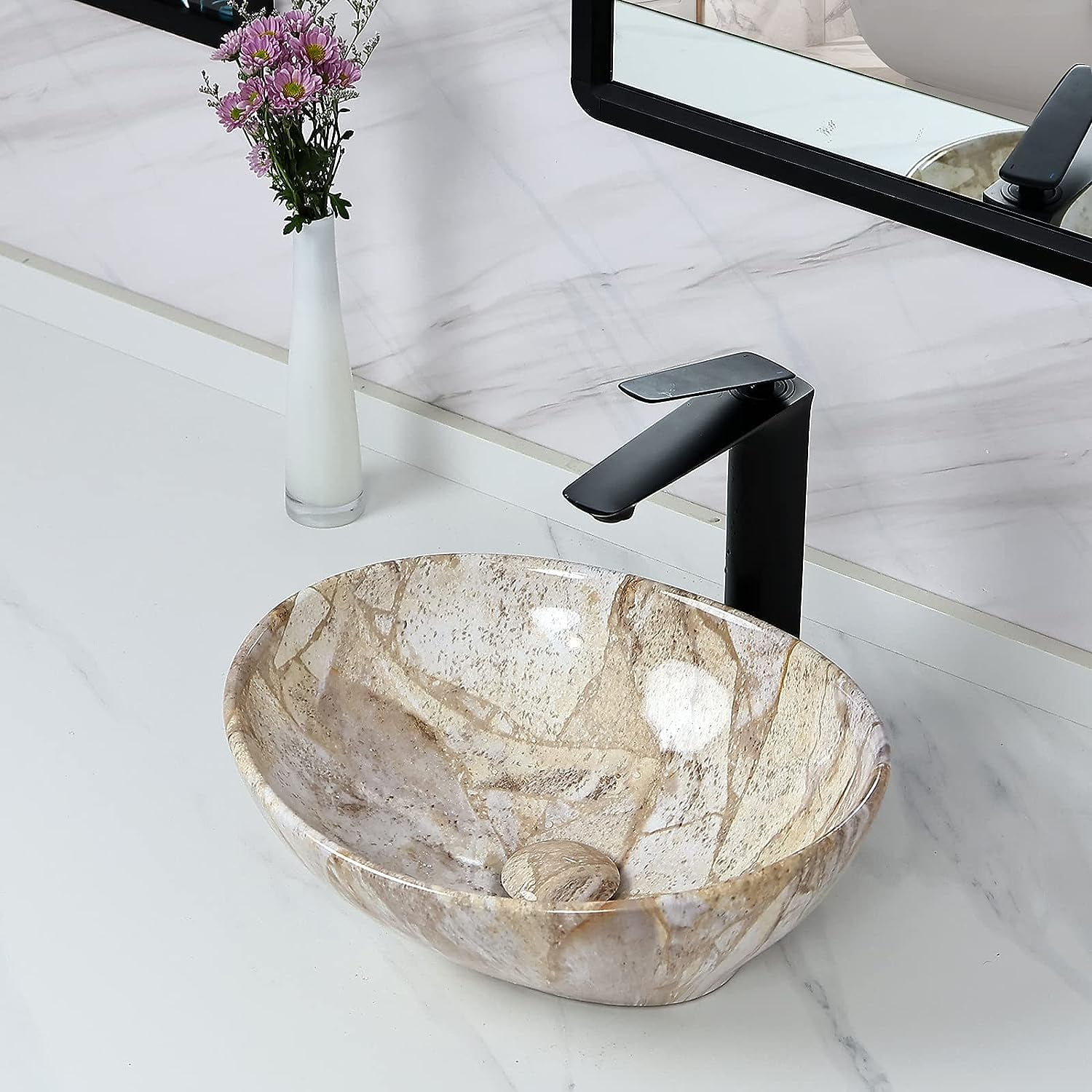 Davivy 16''x13.2'' Nordic Marbling Bathroom Ceramic Oval Vessel Sink