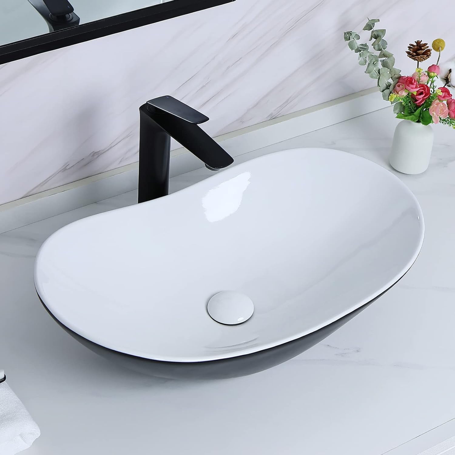 Davivy 24.5'' x 13.8'' Matte Black Bathroom Ceramic Oval Vessel Sink with Pop Up Drain