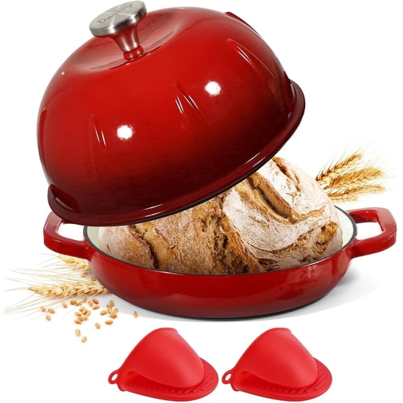 Davivy 5QT Red Cast Iron Bread Oven – Dutch Oven with Silicone Mini Pot Holders – For Sourdough Baking, Braising, Marinating & Slow Cooking – Kitchen Essential