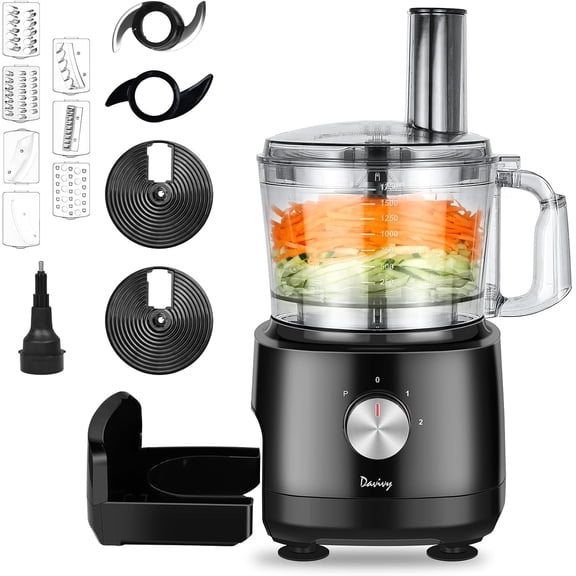 Davivy 7 Cup Food Processor 10 Functions Built-in Storage Drawer Vegetable Chopper with 10 set blades French fry cutting,Wavy slicing for Home Use 2-Speed & PULSE Black 600W