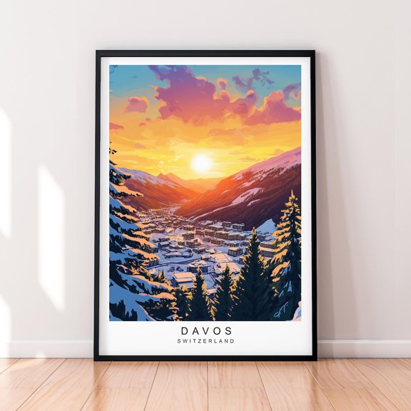 Davos Sunset Switzerland Travel Illustration Swiss Alps Poster, Travel Inspired Home And Office Decor