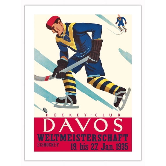 Davos Switzerland - Ice Hockey World Championship - Vintage Sports Poster by Willy Trapp c.1935 - Fine Art Matte Paper Print (Unframed) 18x24in