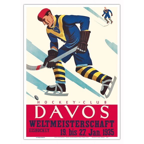 Davos Switzerland - Ice Hockey World Championship - Vintage Sports Poster by Willy Trapp c.1935 - Master Art Print 10in x 14in