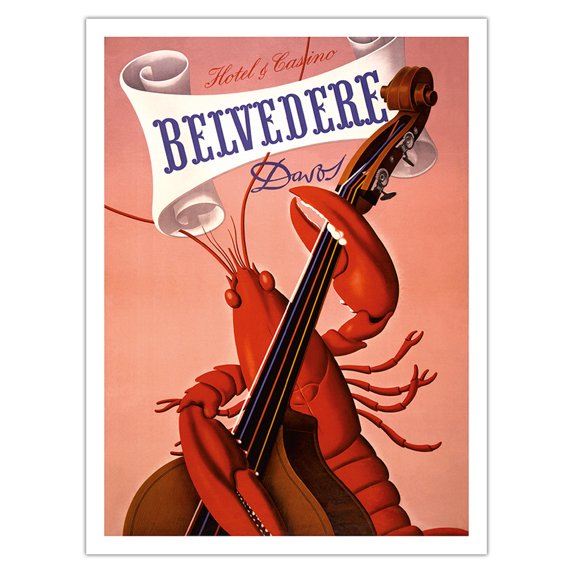 Davos Switzerland - Lobster Musician playing a Cello - Grand Hotel & Casino Belvédère - Vintage Travel Poster by Charles Kuhn c.1930s - Fine Art Matte Paper Print (Unframed) 24x32in