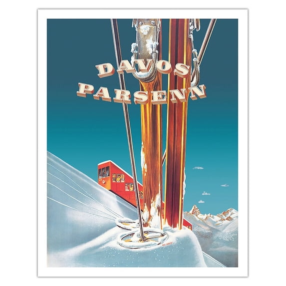 Davos Switzerland - Parsenn Ski Area - Funicular Railway - Vintage Travel Poster by Edi Hauri c.1943 - Fine Art Matte Paper Print (Unframed) 11x14in