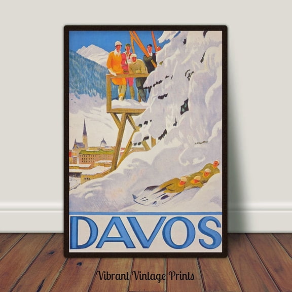 Davos Switzerland Vintage Ski Poster, Winter Wall Art UNFRAMED PAPER POSTER, Home Decor