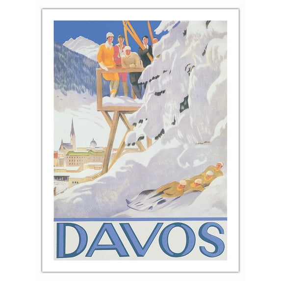 Davos Switzerland - Winter Sports - Vintage Travel Poster by Emil Cardinaux c.1918 - Bamboo Fine Art 290gsm Paper Print (Unframed) 24x32in