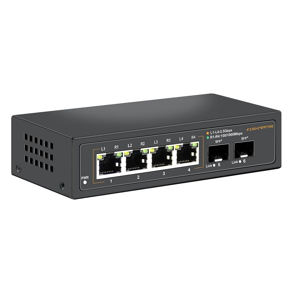 Davuaz 2.5G Unmanaged Ethernet Switch with 4 x 2.5G Base-T Ports and 2 x 10G SFP Uplink Port, Compatible with 100/1000/2500Mbps, Fanlesss Design, Plug & Play, Metal 2.5Gb Network Switch