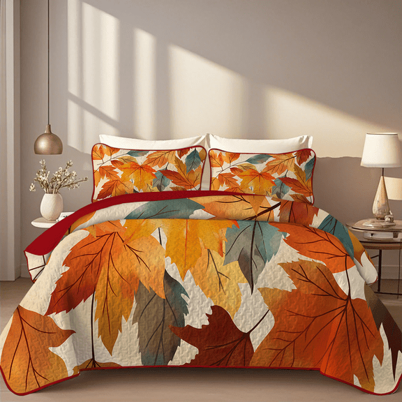 Davulos 2 Pieces Quilt Set Twin Size Maple Leaf Bedding Set Microfiber Lightweight Bedspread Coverlet for All Season(1 Quilt ,2 Pillow Shams)