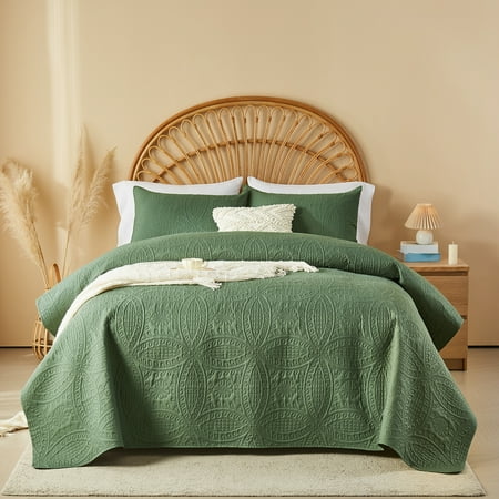 Davulos 2 Pieces Twin Quilt Bedding Set Lightweight Soft Bedspread Coverlet Coin Pattern for All Seasons,Dark Green(1 Quilt, 1 Shams)