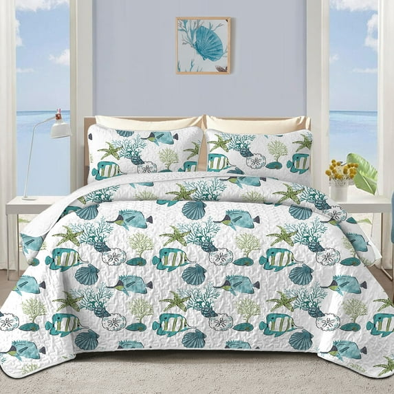 Davulos 3 Piece Coastal Quilt Sets King Size Reversible Microfiber Quilts with 2 Shams Soft Lightweight Beach Bedding Nautical Bedspread Coverlet Summer Comforter Set for All Season