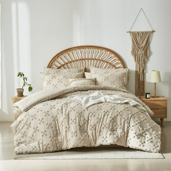 Davulos 3 Pieces Khaki Comforter Set Queen Size Bed in a Bag Tufted Boho Shabby Chic Boho Bedding Set with Pom Pom Design for All Season(1 Comforter, 2 Pillowcase)