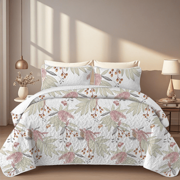 Davulos 3 Pieces Quilt Set Full/Queen Size,Pink Floral Reversible Bedspread Coverlet Set Soft Microfiber Lightweight Bed Cover for All Season