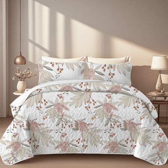Davulos 3 Pieces Quilt Set Full/Queen Size,Pink Floral Reversible Bedspread Coverlet Set Soft Microfiber Lightweight Bed Cover for All Season