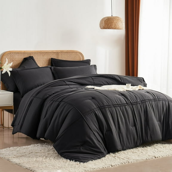 Davulos 5 Piece Full Comforter Set ,Black Bed in a Bag Soft Microfiber Complete Bed Set for Women Teen ,Grid Pinch Pleat Bedding Set for All Season