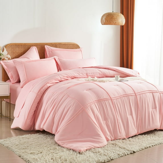 Davulos 5 Piece Full Comforter Set ,Pink Bed in a Bag Soft Microfiber Complete Bed Set for Women Teen ,Grid Pinch Pleat Bedding Set for All Season