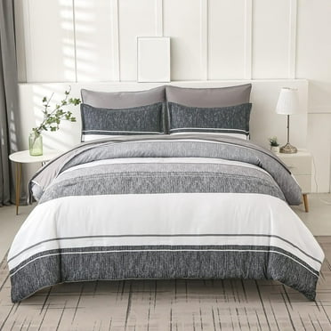 Davulos 7 Piece Bed in a Bag Stripe Comforter Set Queen Size, White Grey Black Patchwork Striped Comforter and Sheet , All Season Soft Complete Bedding Sets
