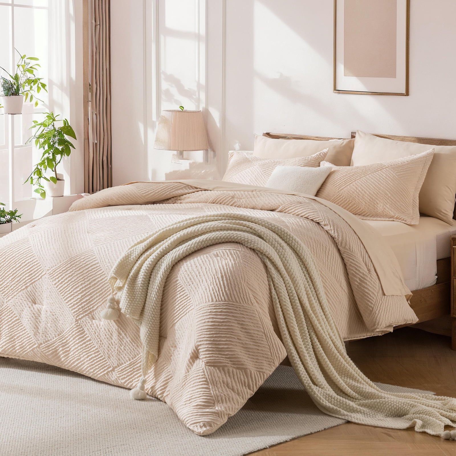 Davulos 7 Pieces Bed in a Bag King Comforter Set Khaki, Soft Shabby ...