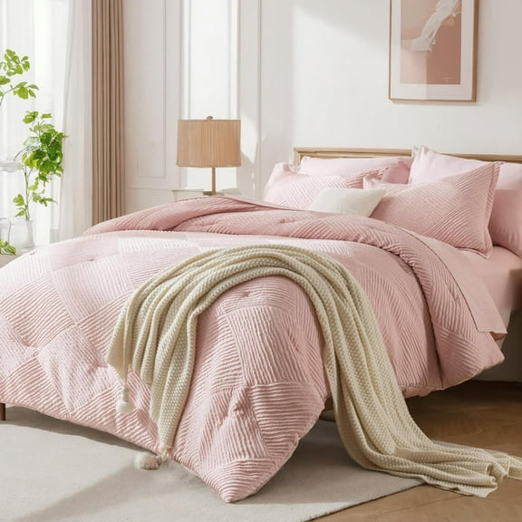 Davulos 7 Pieces Bed in a Bag King Comforter Set Pink, Soft Shabby Chic Bedding Set Geometric Boho Bohemian Bed Set with Comforter, Sheets, Pillowcases & Sham
