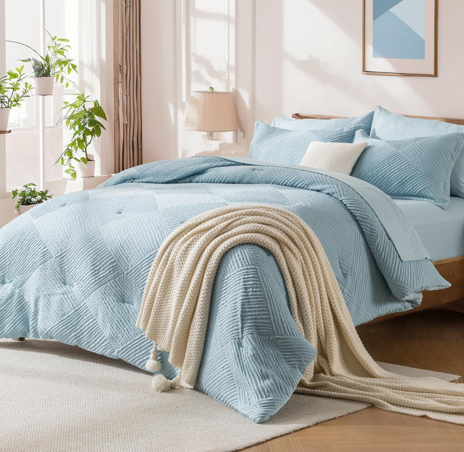 Davulos 7 Pieces Bed in a Bag Queen Comforter Set Blue, Soft Shabby ...