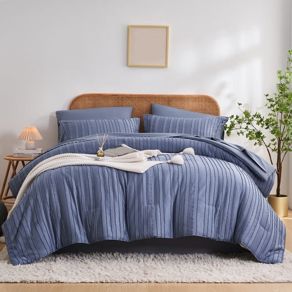 Davulos 7 Pieces Queen Comforter Set,Soft Striped Pattern Bed in a Bag Queen Size, All Season Bedding Set with Comforter, Flat Sheet, Fitted Sheet, Pillowcases & Shams,Blue