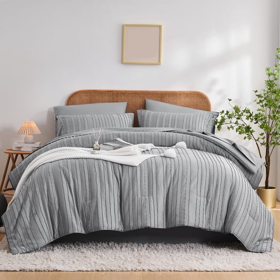 Davulos 7 Pieces Queen Comforter Set,Soft Striped Pattern Bed in a Bag Queen Size, All Season Bedding Set with Comforter, Flat Sheet, Fitted Sheet, Pillowcases & Shams,Grey